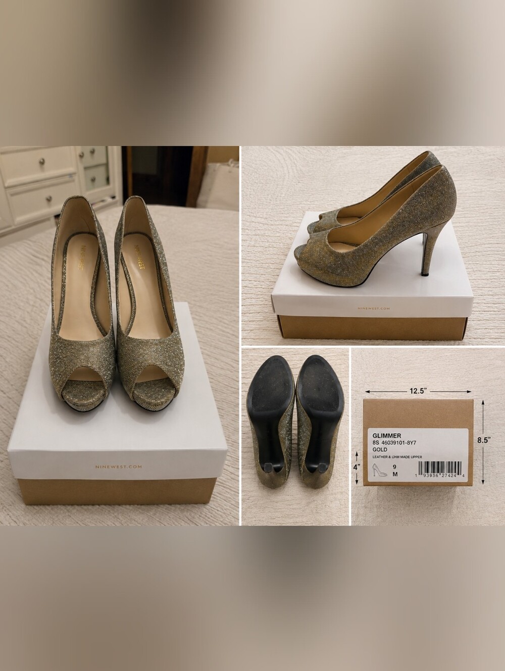 Nine West Gold Glitter Peep-Toe Pumps